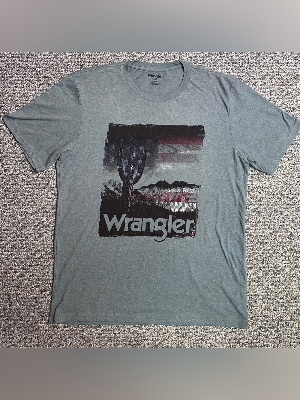 Wrangler Men's Blue Gray Graphic Short Sleeve Tee with Western Flag Print